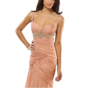 NWT Mignon Silk Chiffon Layered Beaded Crystals Gown 12 Ginger Peach Dress VM559